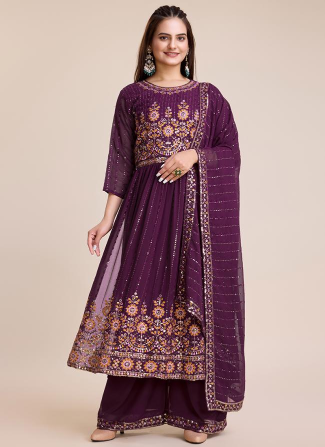 Faux Georgette Purple Wedding Wear Sequins Work Readymade Kurti With Plazzo